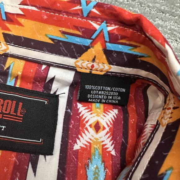 Rock & Roll Denim Shirt Mens XL Orange Blue Western Pearl Snap Aztec Retro - Picture 7 of 12